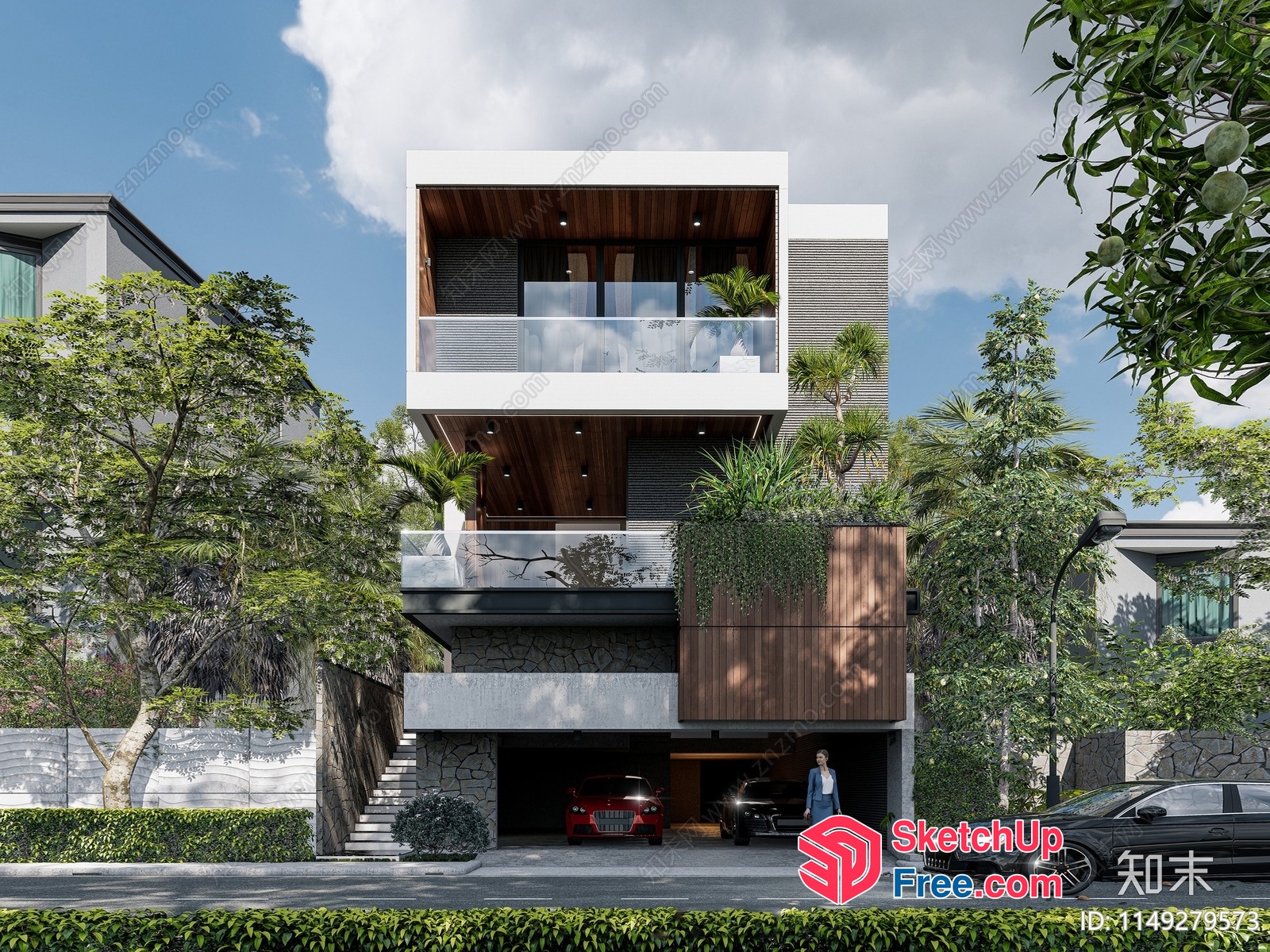 Modern Villa Exterior With Cars And Trees 3D SketchUp File