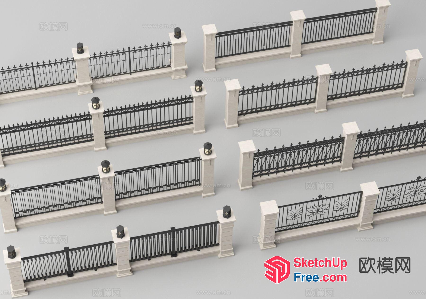 Ornate Black Metal Fencing And Pillars 3D SketchUp File