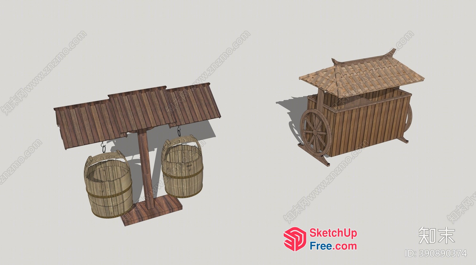 Wooden Water Well And Storage Barrels 3D SketchUp File