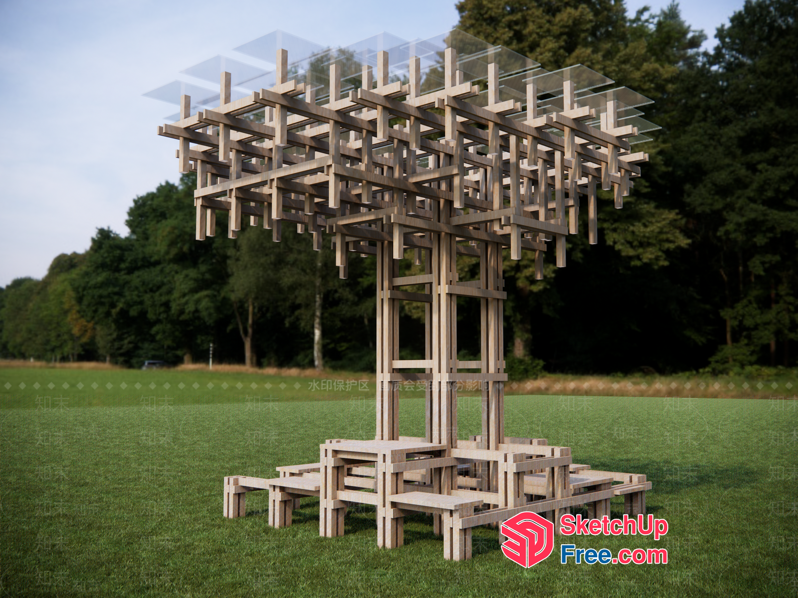 Modern Wooden Tree Structure With Glass Roof 3D SketchUp File