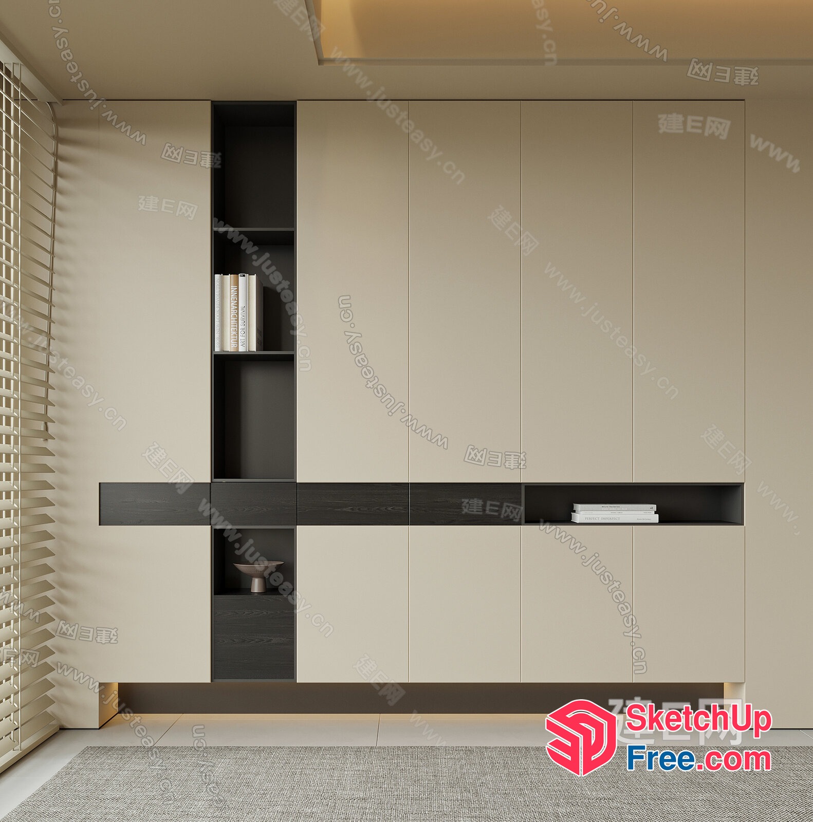 Modern Minimalist Cream And Black Wall Unit With Built-In Storage 3D SketchUp File
