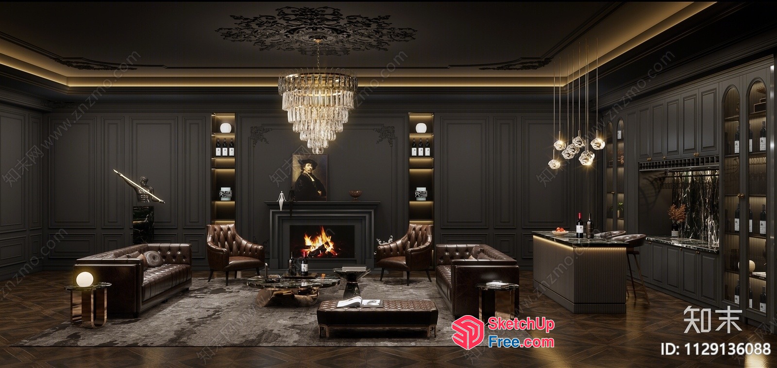 Luxurious Dark-Theme Living Room With Fireplace 3D SketchUp File