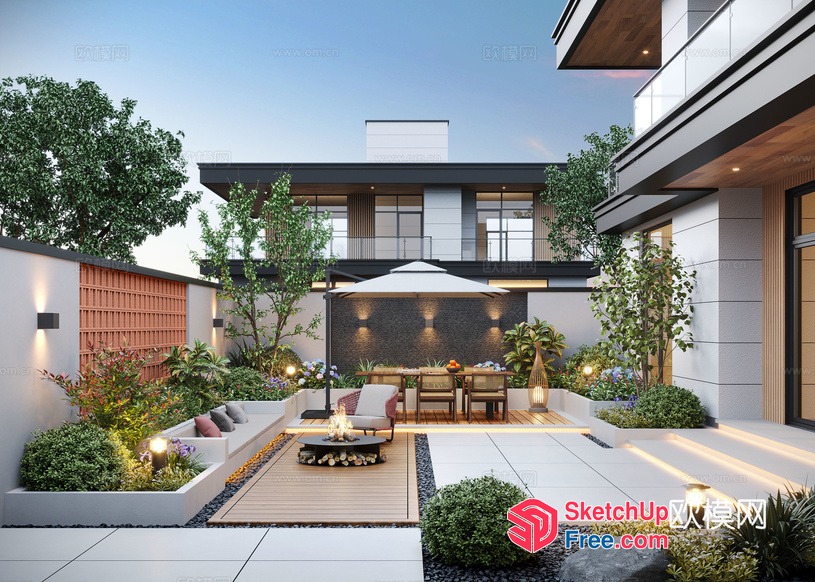 Modern Villa With Elegant Garden And Outdoor Seating Area 3D SketchUp File