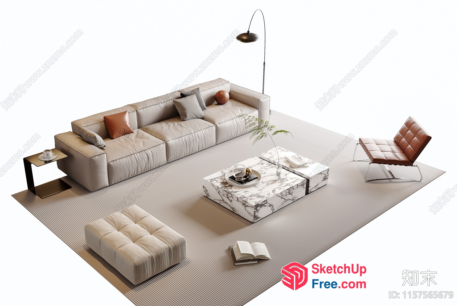 Minimalist Modern Living Room With Creamy Style Sofa 3D SketchUp File