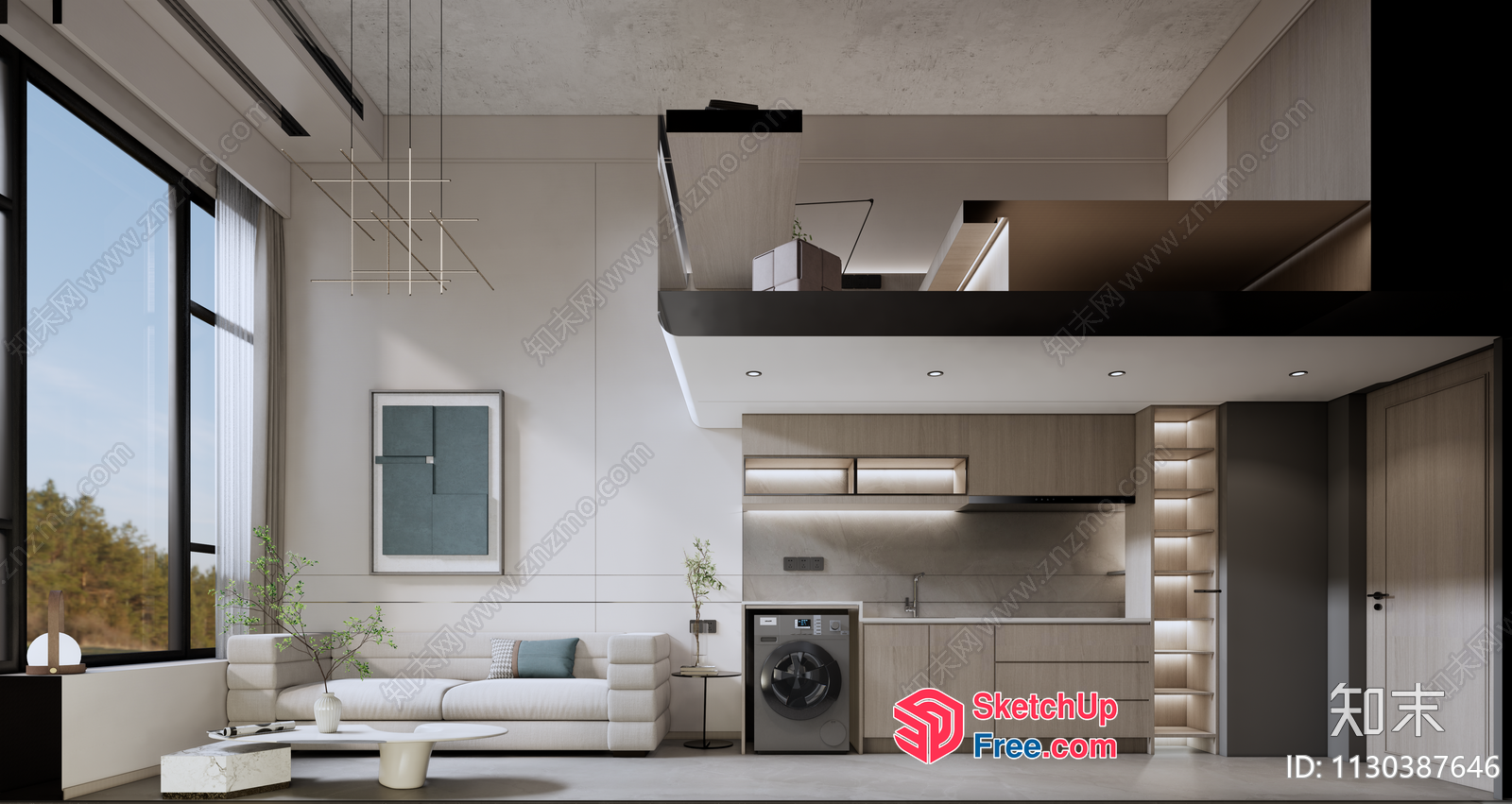 Modern Minimalist Living Room With Washing Machine And Kitchen 3D SketchUp File