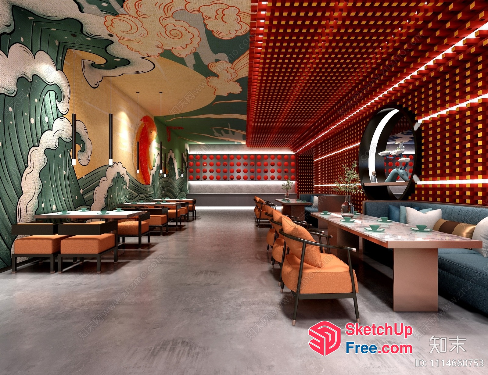 Vibrant Modern Japanese-Inspired Restaurant Interior 3D SketchUp File