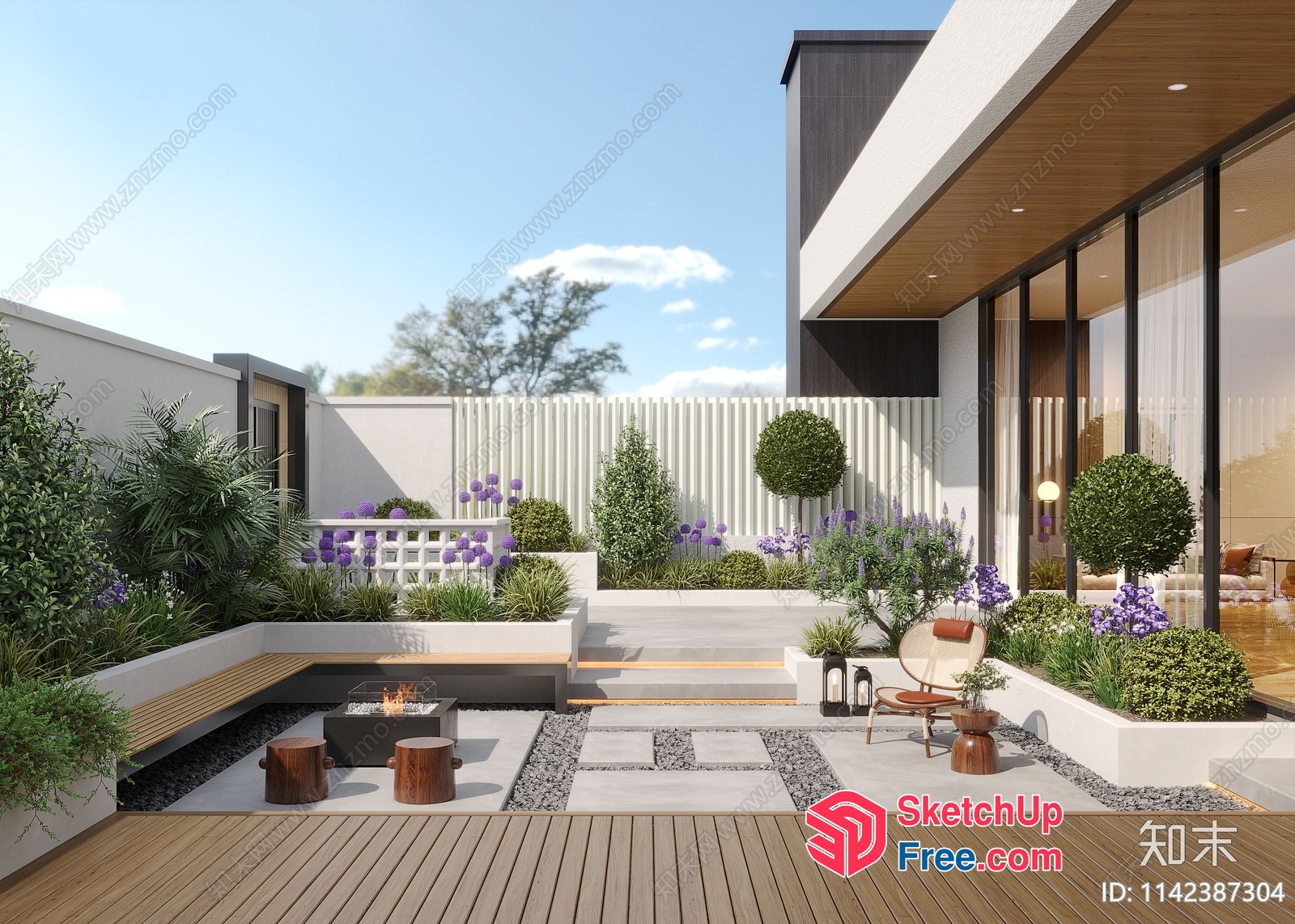 Modern Villa Garden With Outdoor Furniture And Fire Pit 3D SketchUp File
