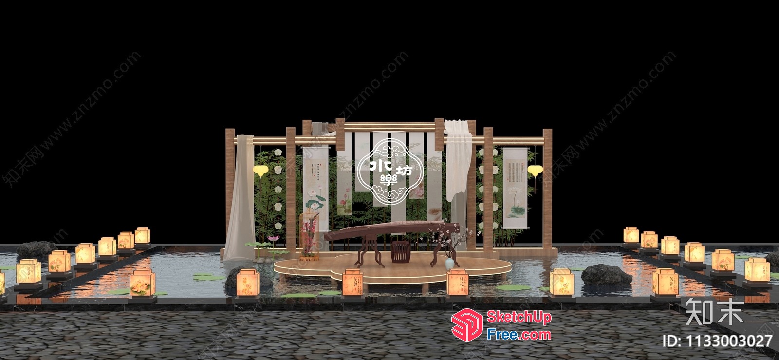 Serene Japanese-Inspired Water Garden Scene 3D SketchUp File