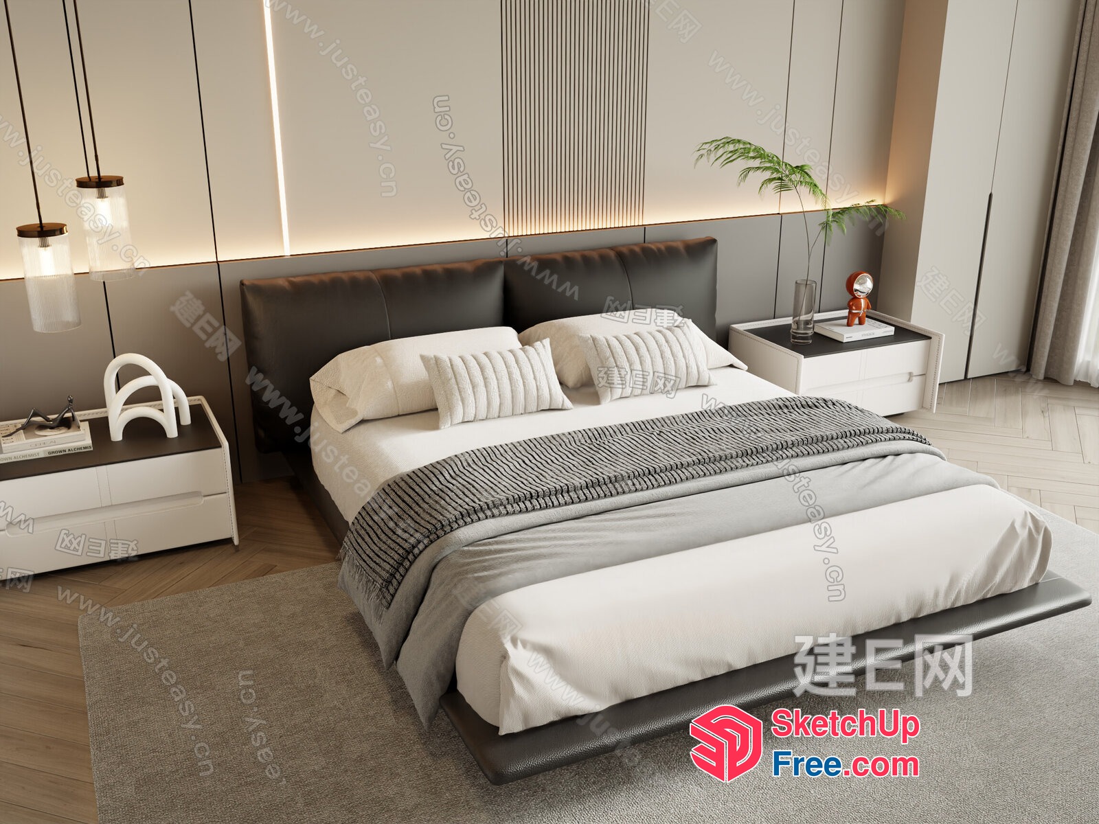 Modern Minimalist Bedroom With White And Grey Decor 3D SketchUp File