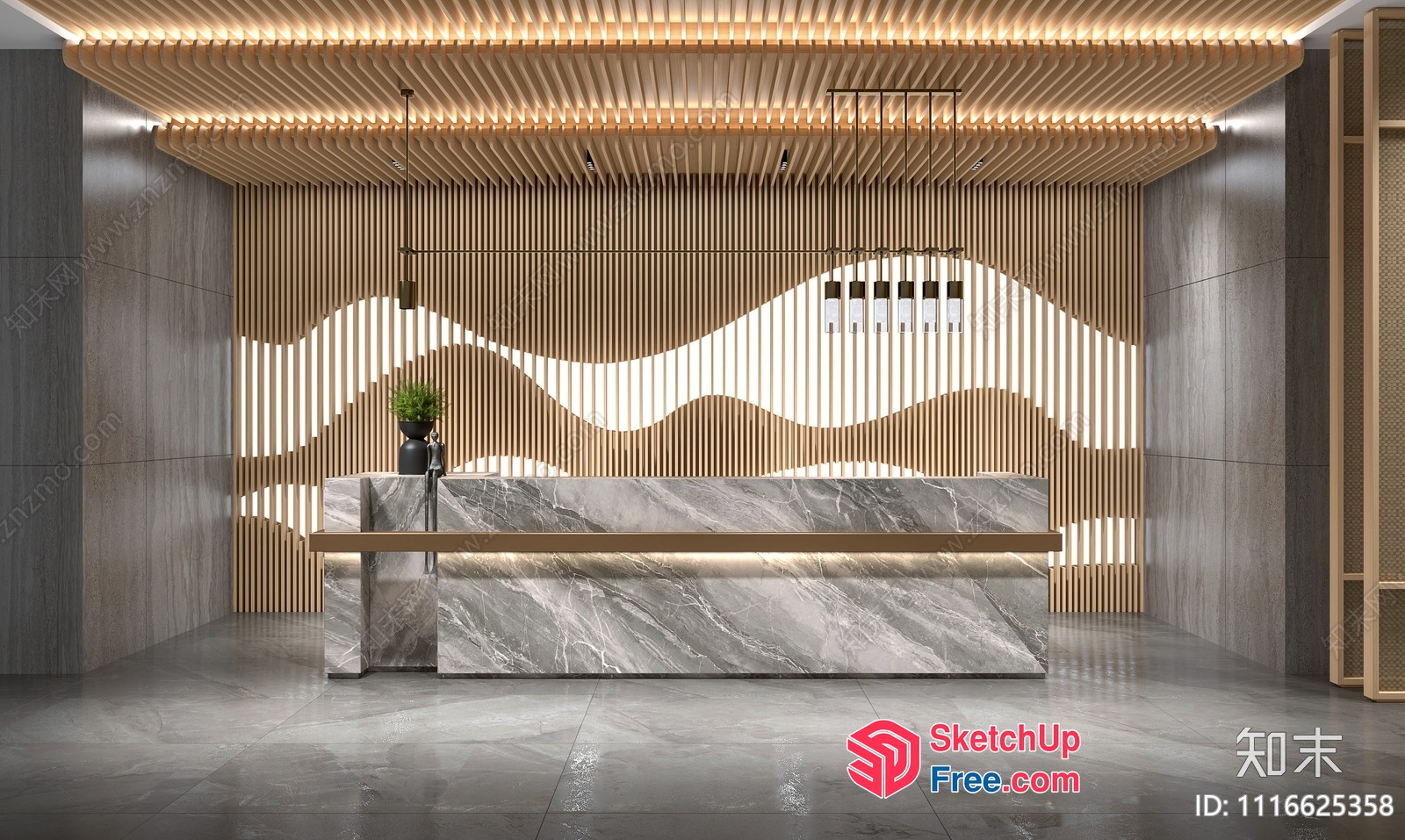Marble And Wood Reception Desk In Modern Office Interior 3D SketchUp File