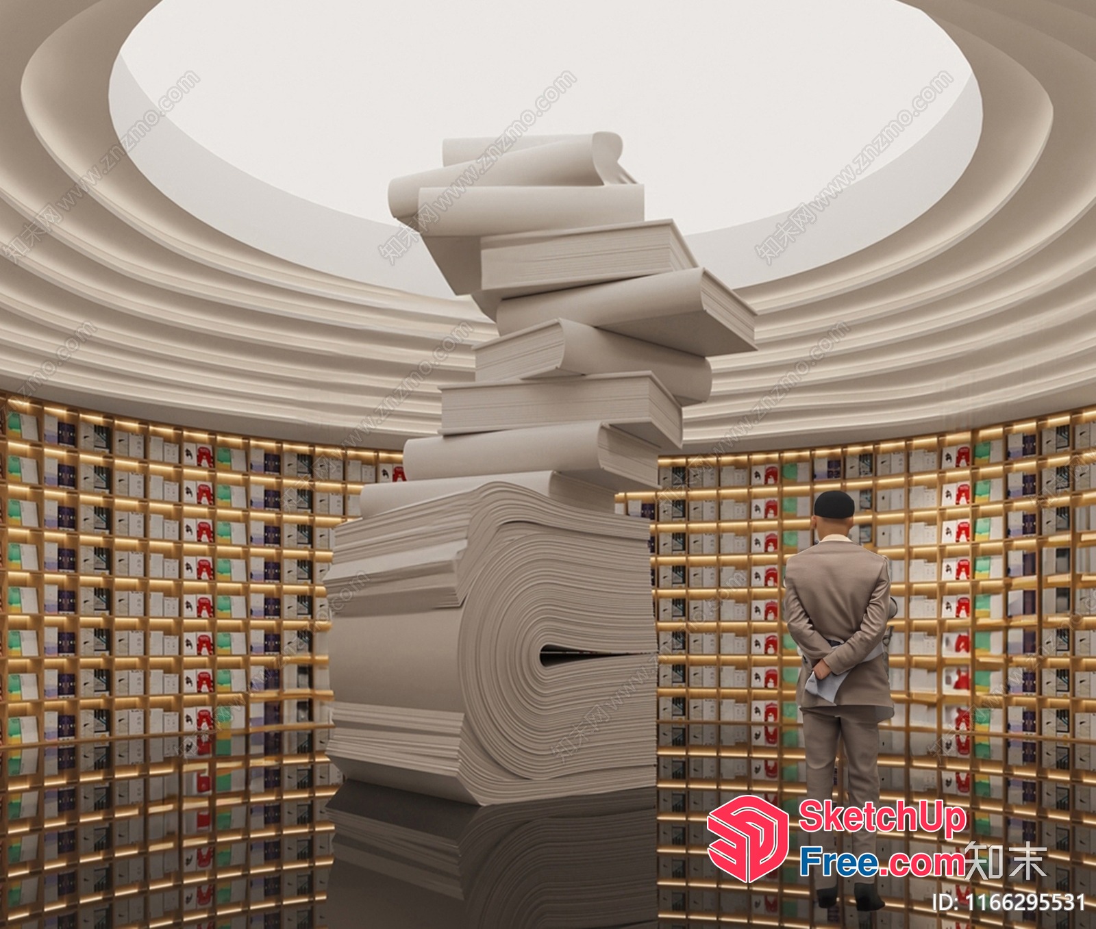 A Man In A Suit Standing In Front Of A Large Stack Of Books In A Circular Room 3D SketchUp File