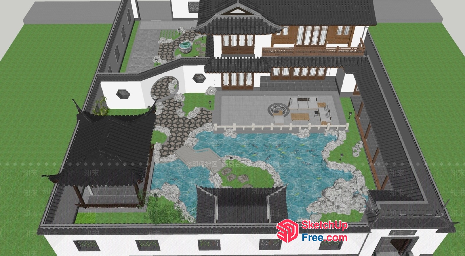 Asian-Inspired Villa With Serene Courtyard 3D SketchUp File