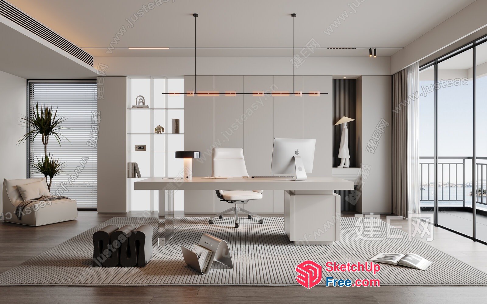 Modern Minimalist Office Space With White Furniture And Decor 3D SketchUp File