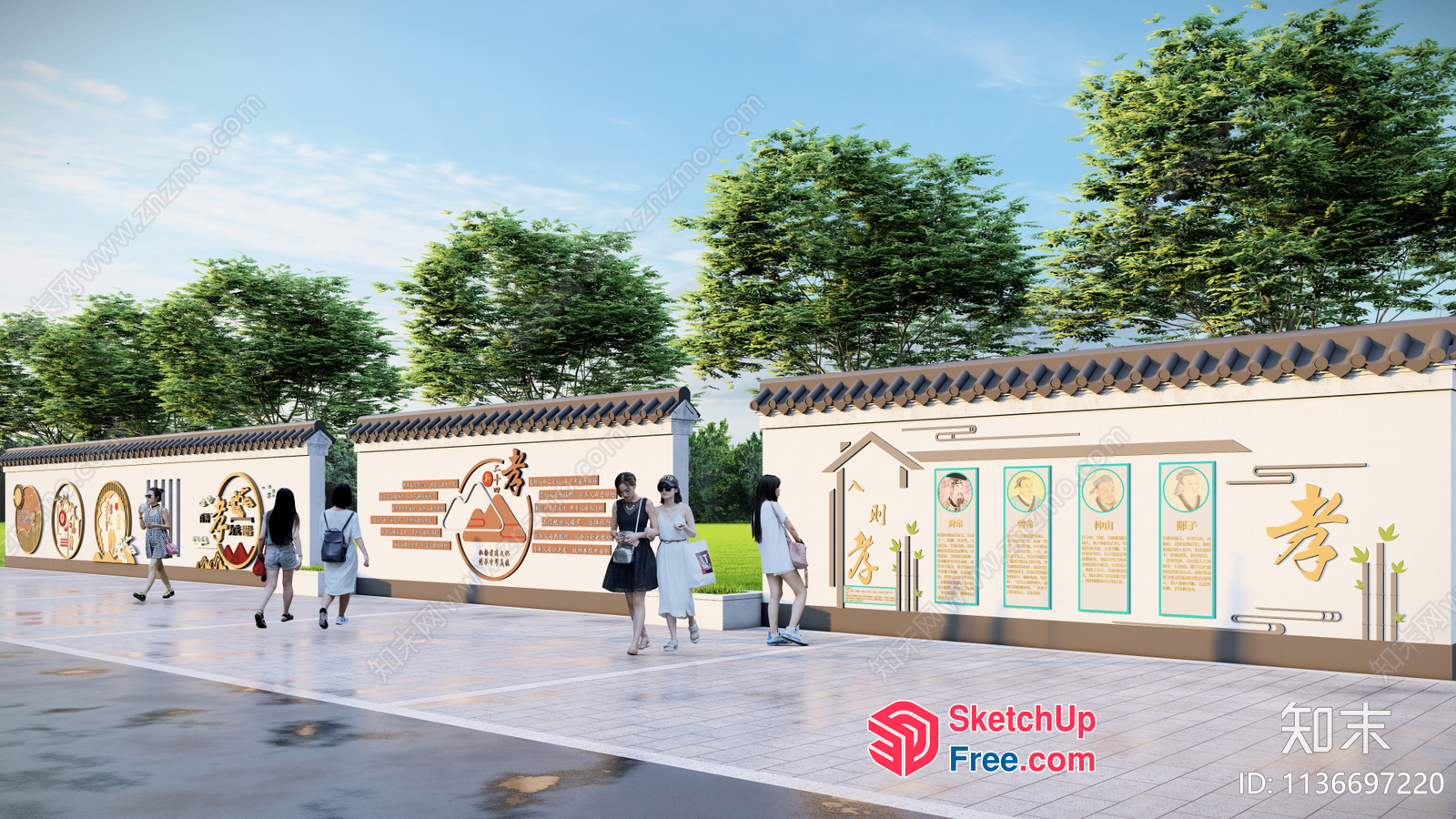Decorative Outdoor Wall With Traditional Asian Artwork 3D SketchUp File