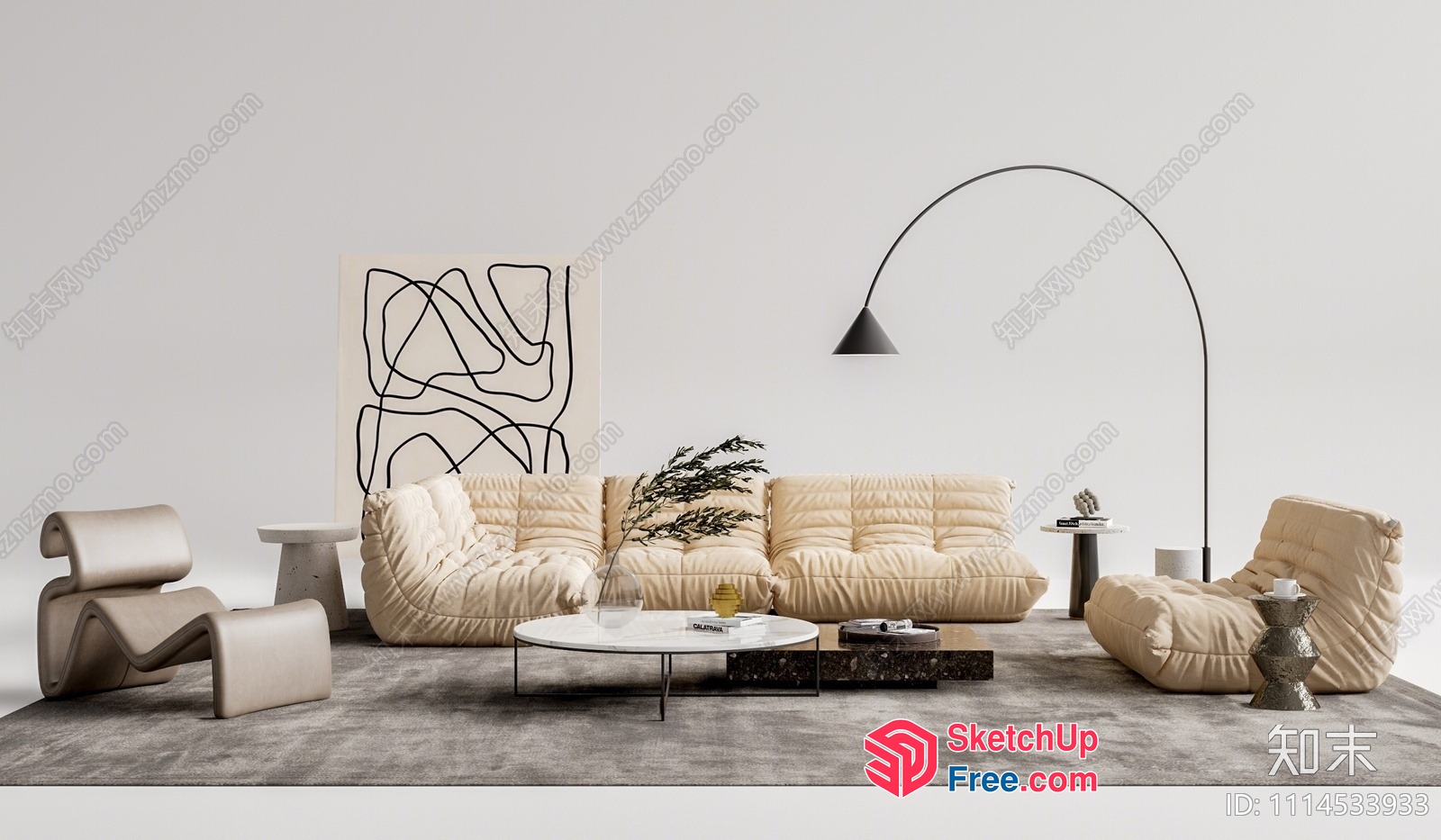 Minimalist Creamy Style Living Room With Elegant Furniture 3D SketchUp File