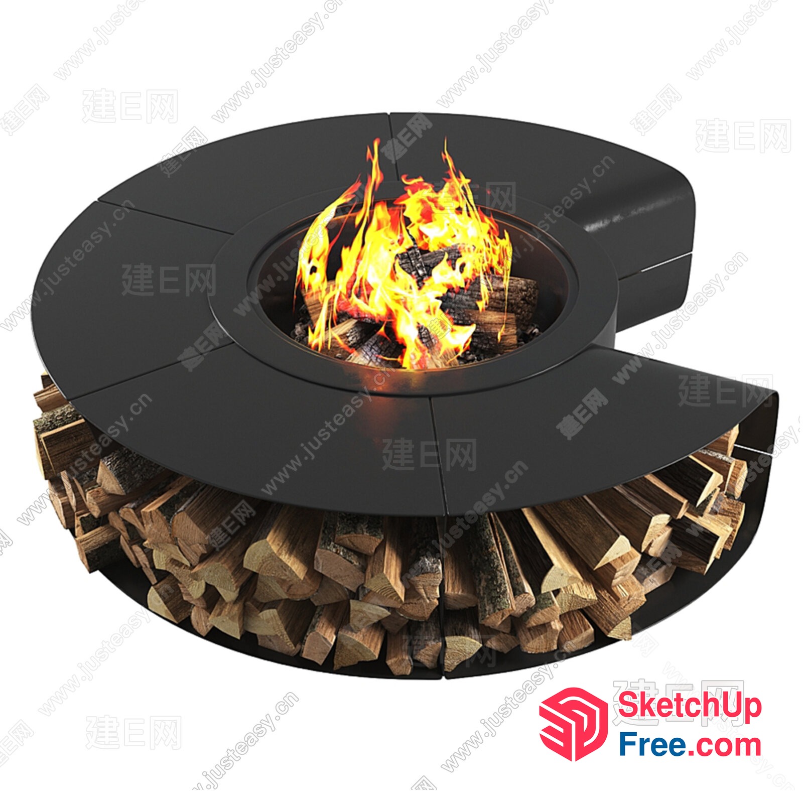 Modern Round Fire Pit With Wood Storage 3D SketchUp File
