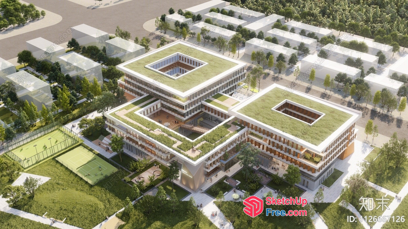 Modern Office Building With Green Roof And Courtyards 3D SketchUp File