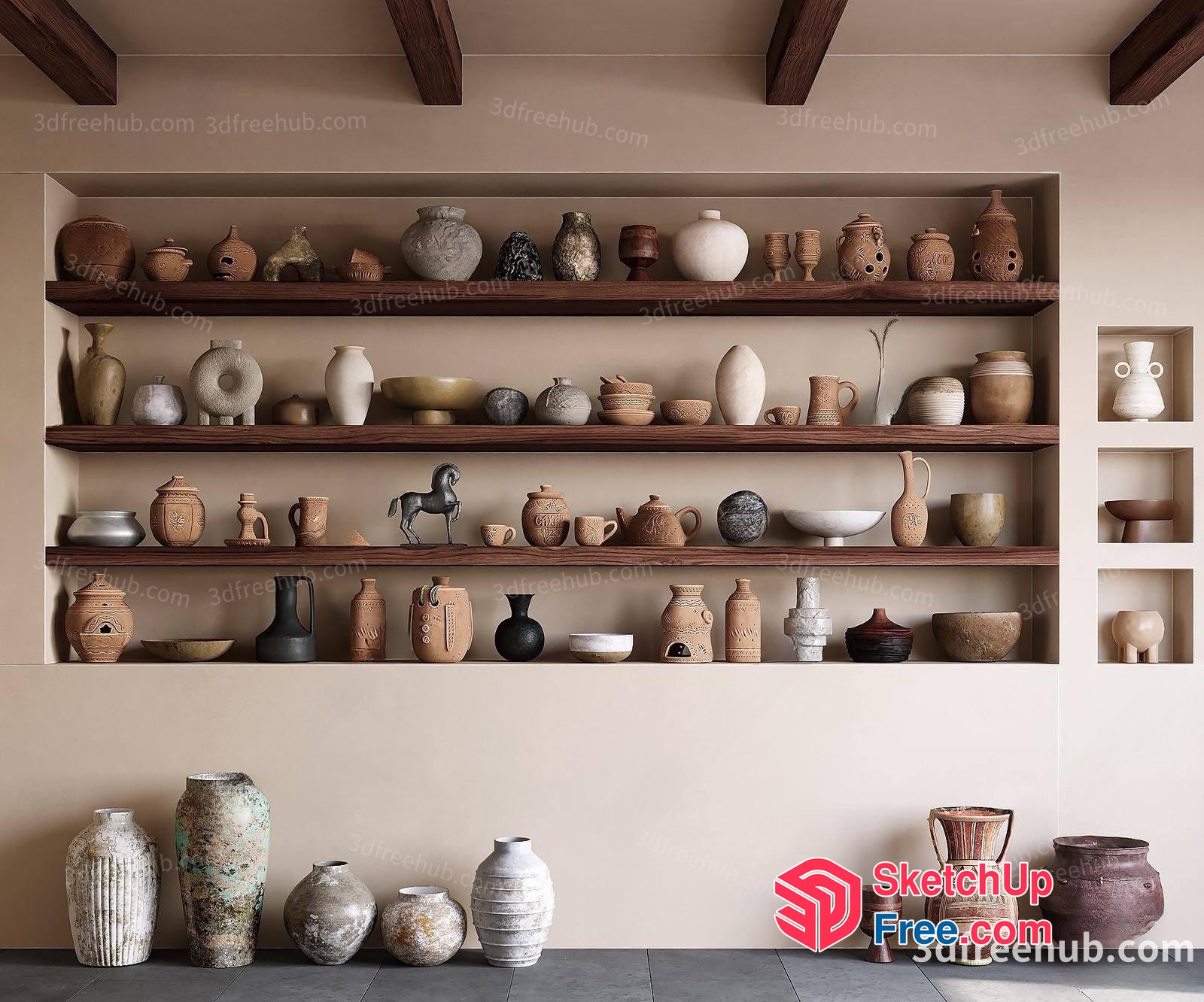 Antique Vases And Pottery On Wooden Shelves 3D SketchUp File