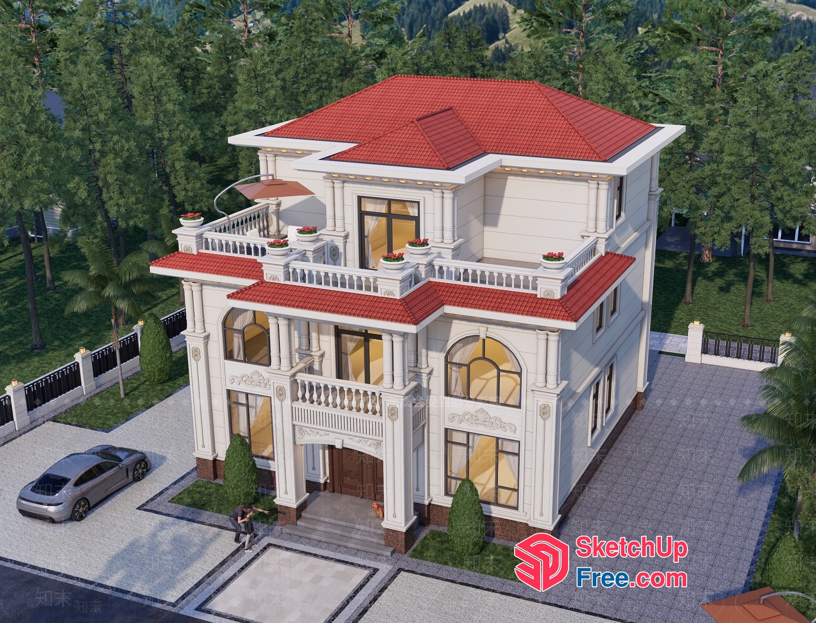 European Style Villa With Red Roof And White Pillars 3D SketchUp File