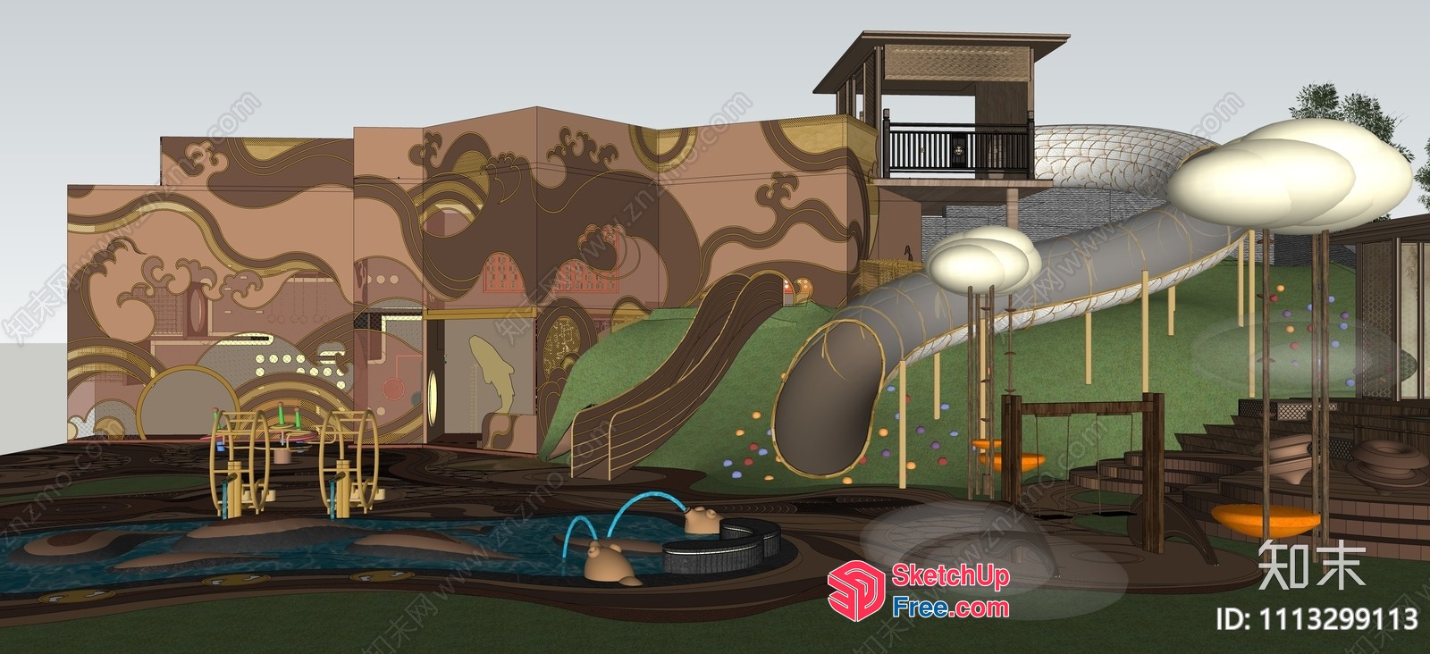 Modern Japanese-Inspired Playground With Water Feature 3D SketchUp File