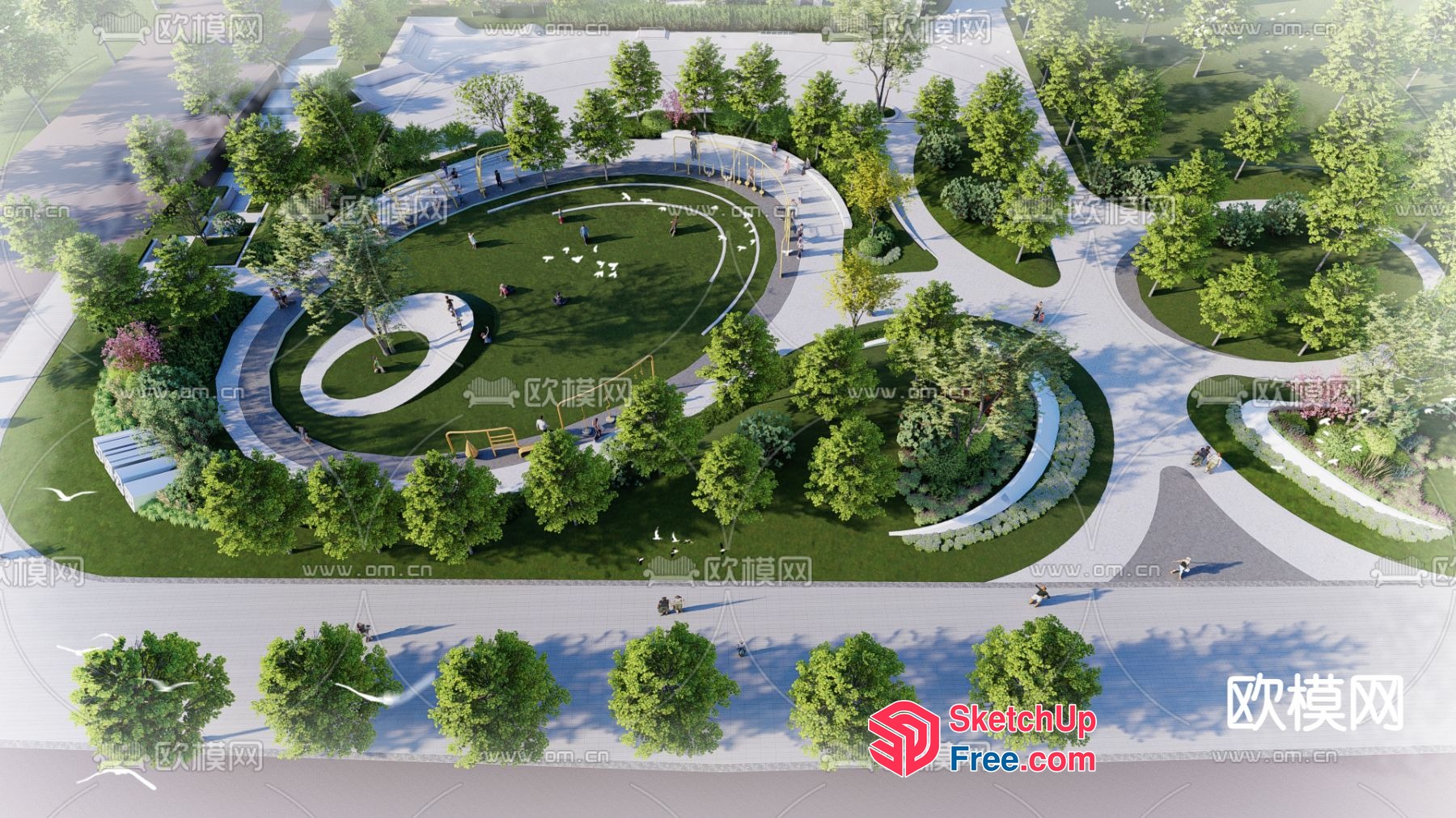 Serene Modern Park With Curved Paths And Greenery 3D SketchUp File