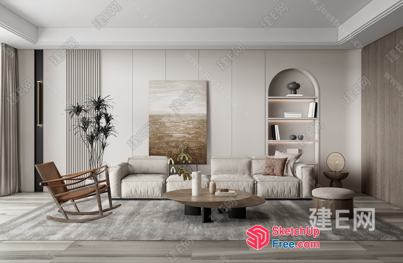 Modern Living Room With Neutral Color Palette And Natural Elements 3D SketchUp File