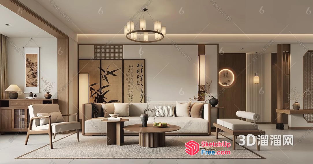 Elegant And Serene Japanese-Inspired Living Room 3D SketchUp File