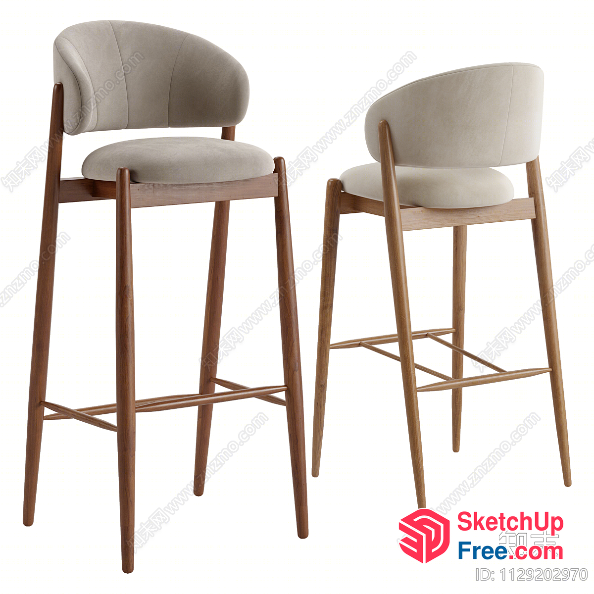 Two Tall Bar Stools With Creamy Style Upholstery 3D SketchUp File