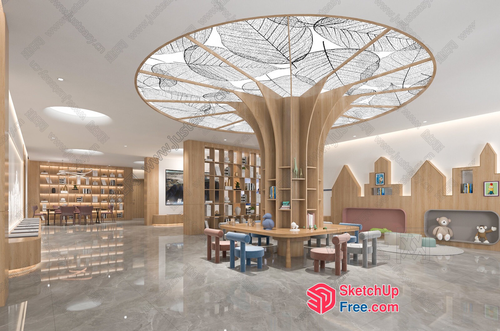 Modern Library Interior With Unique Tree-Shaped Structure 3D SketchUp File