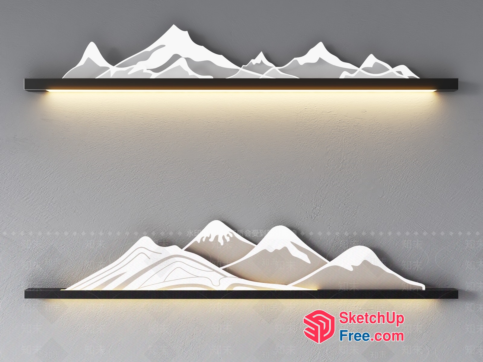 Elegant Wall-Mounted Shelf With Led Lighting And Mountain Decor 3D SketchUp File