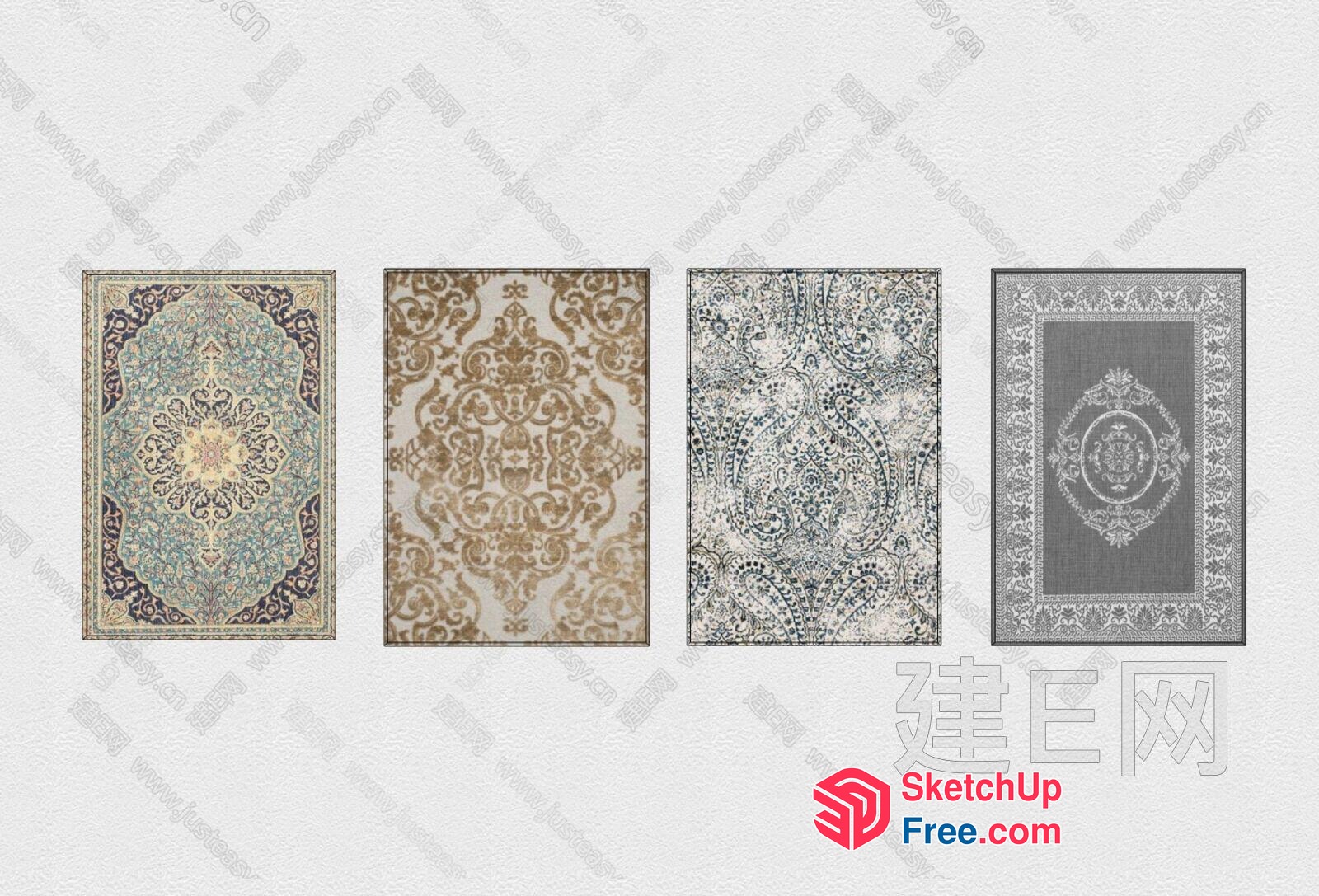 Ornate Patterns And Borders On Four Distinct Rugs 3D SketchUp File