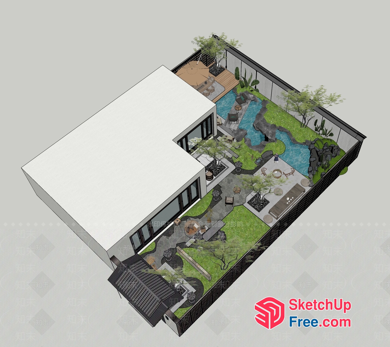 Modern Japanese-Style Villa With Serene Garden And Pool 3D SketchUp File