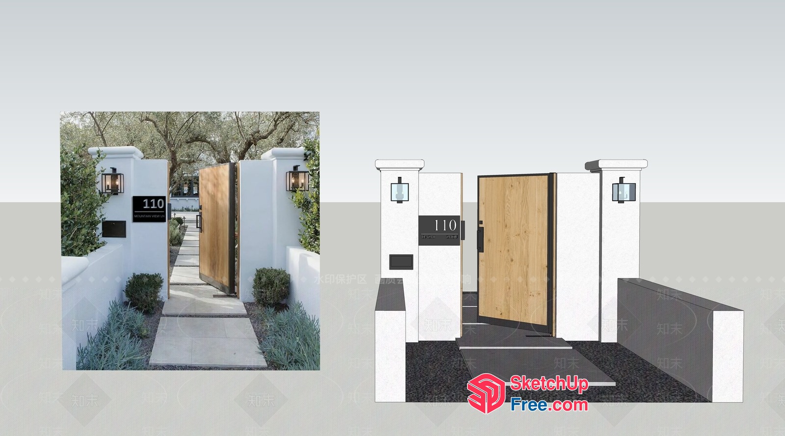 Exterior Entranceway With Pillars And Wooden Door 3D SketchUp File