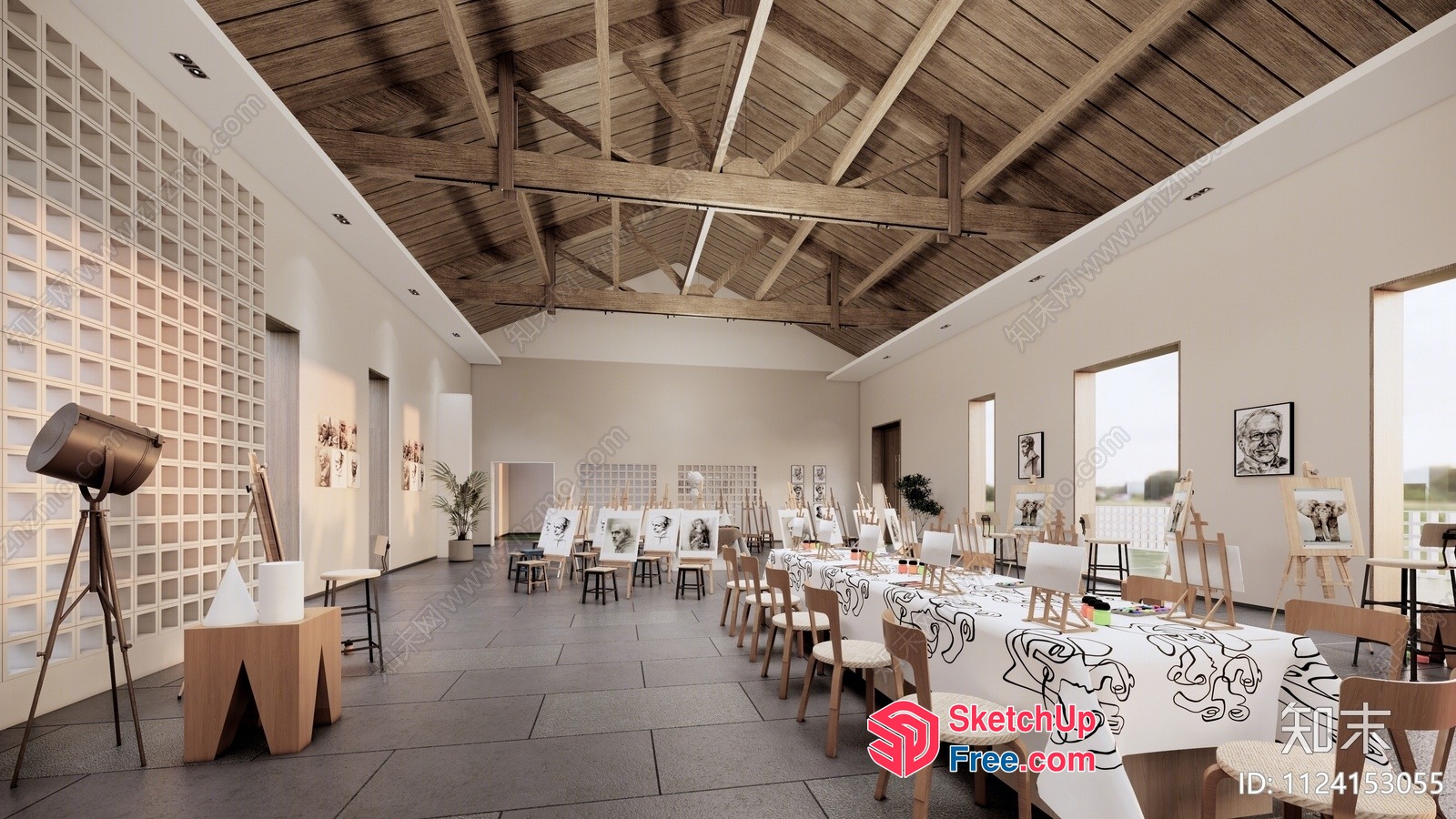 Spacious And Elegant Art Studio With Wooden Ceiling 3D SketchUp File