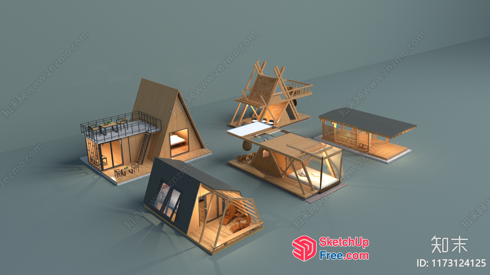 3D Model Of Modern A-Frame Homes With Various Interiors 3D SketchUp File