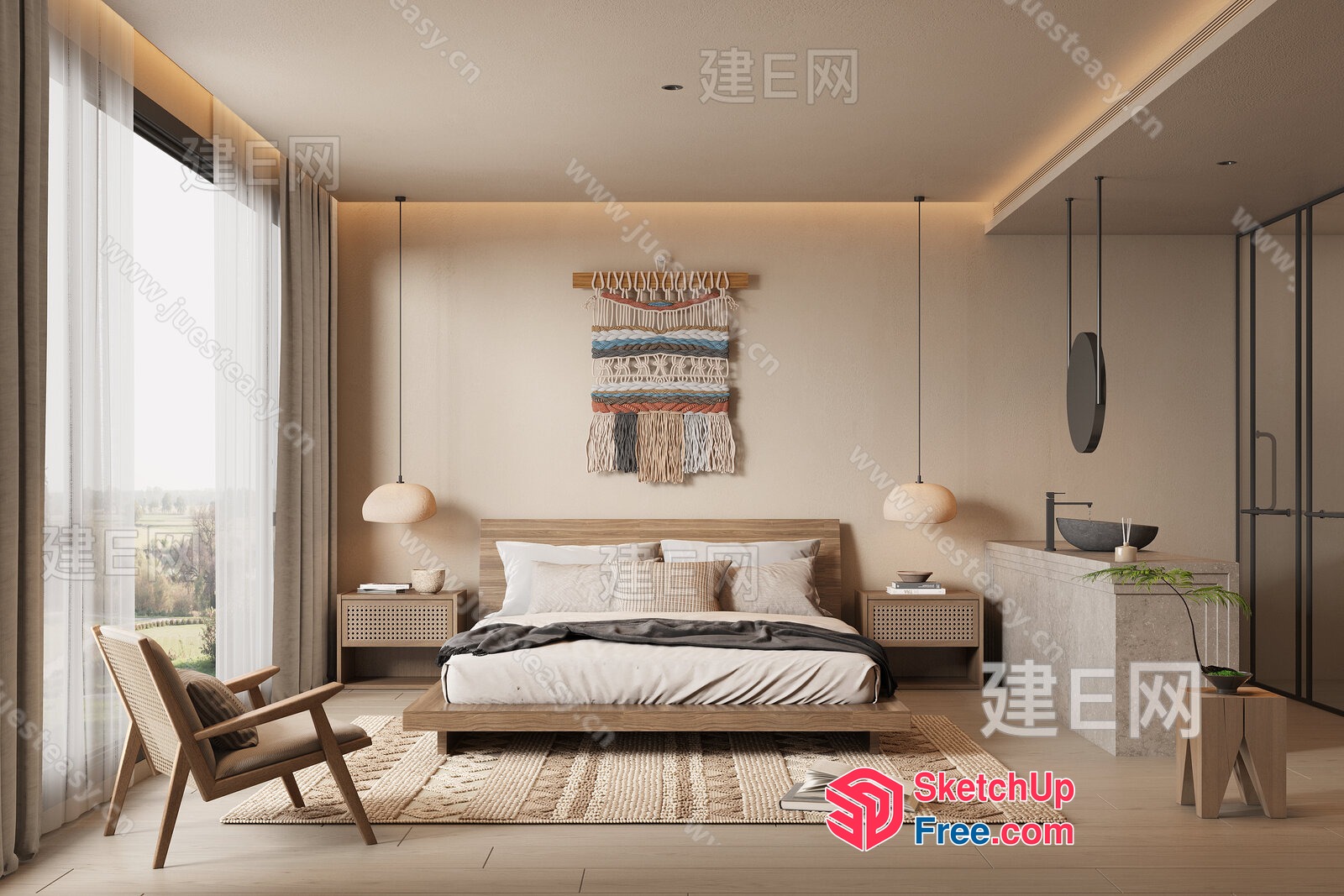 Modern Minimalist Bedroom With Natural Materials And Neutral Colors 3D SketchUp File