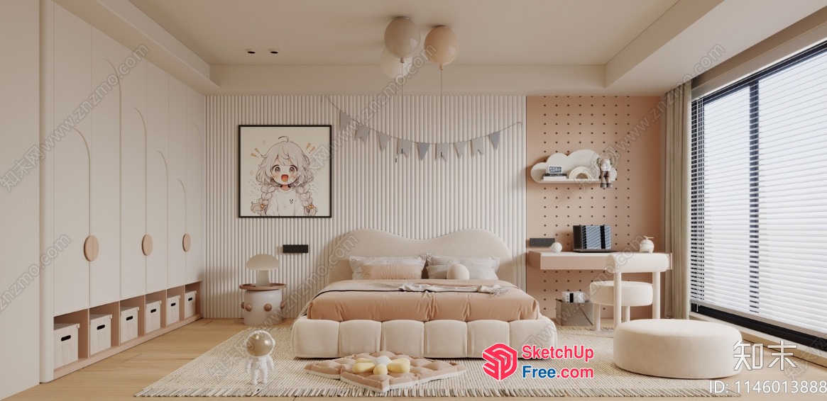 Elegant White And Creamy Modern Japanese-Style Bedroom 3D SketchUp File