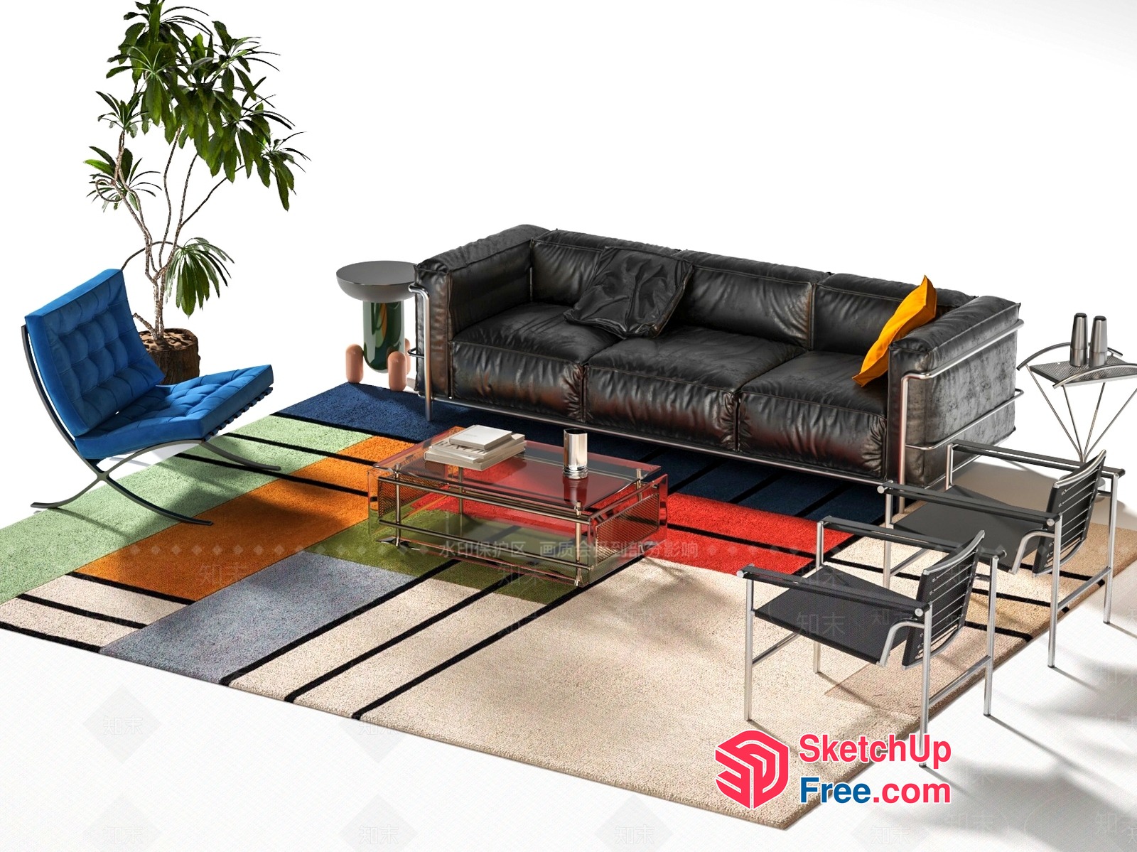Modern Living Room Furniture With Black Leather Sofa And Colorful Rug 3D SketchUp File