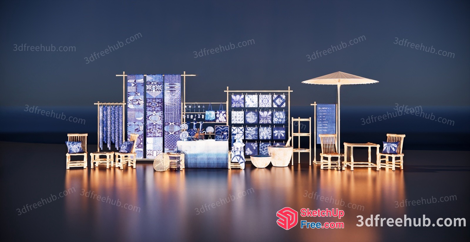 Japanese Style Interior Scene With Blue And White Decor 3D SketchUp File
