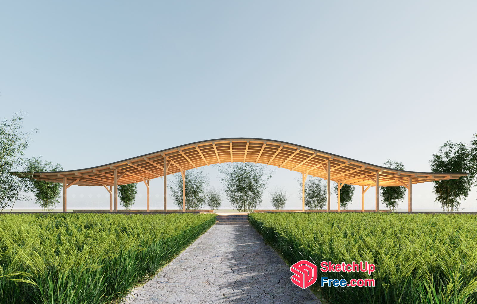 Outdoor Pavilion With Elegant Roof And Natural Surroundings 3D SketchUp File