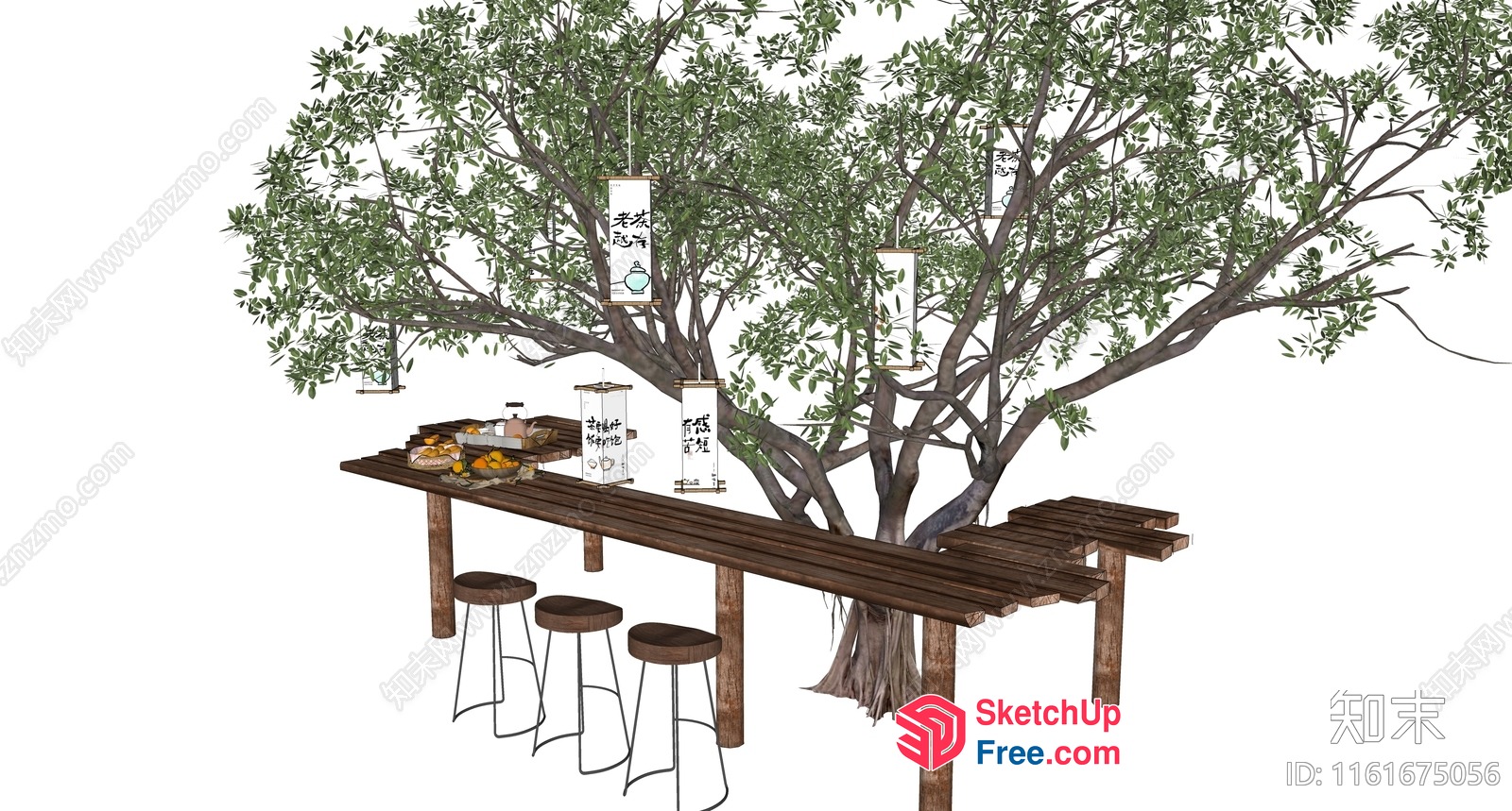 Wooden Table And Stools Under A Tree 3D SketchUp File
