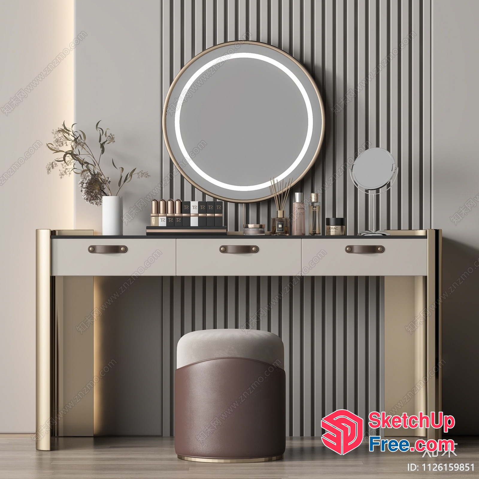 Modern Vanity Table With Makeup Station And Round Mirror 3D SketchUp File