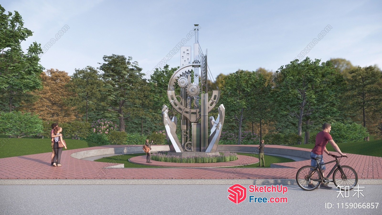Futuristic Stainless Steel Sculpture In A Park Setting 3D SketchUp File