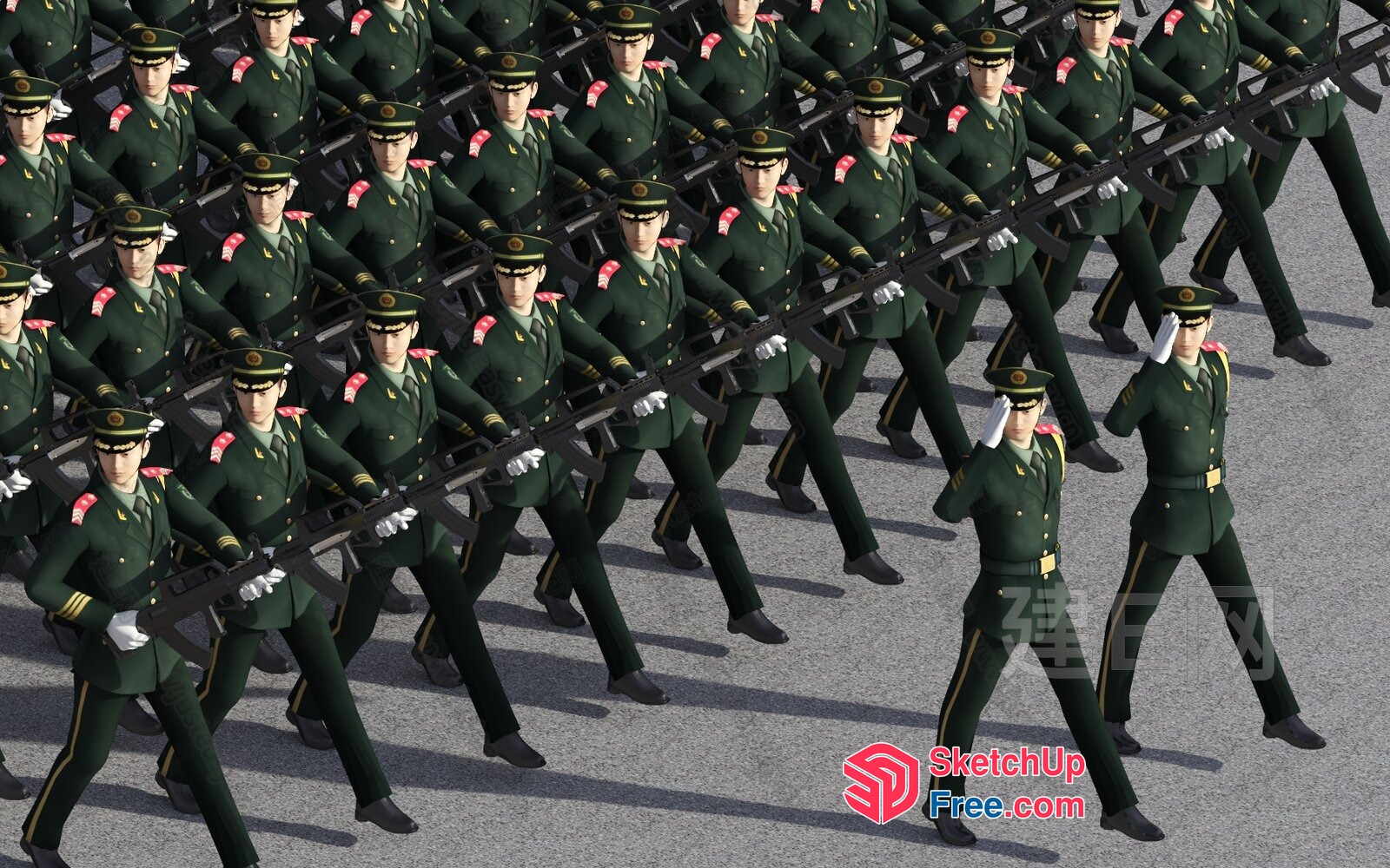 A Large Group Of Soldiers In Uniform Marching In Formation 3D SketchUp File