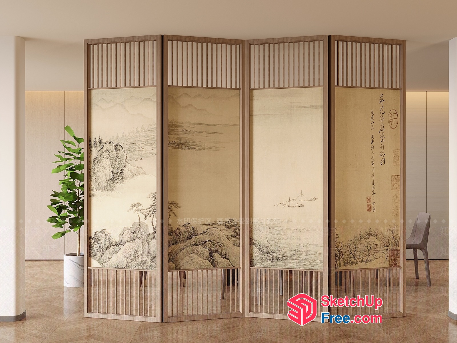 Elegant Asian-Inspired Partition Screen 3D SketchUp File