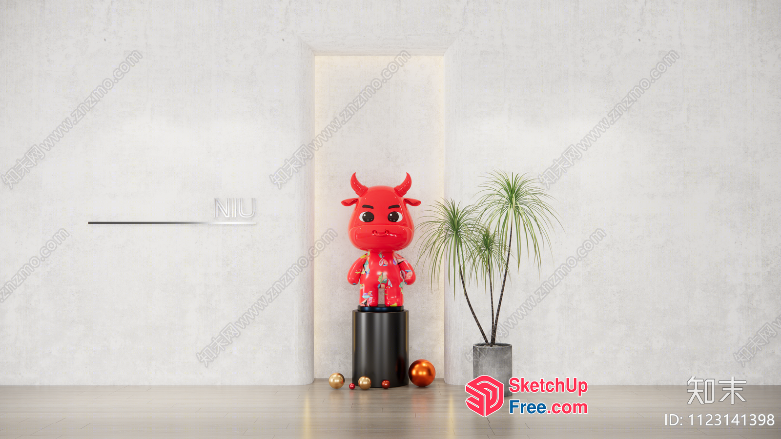 Red Bull Statue In Minimalist Interior Setting 3D SketchUp File