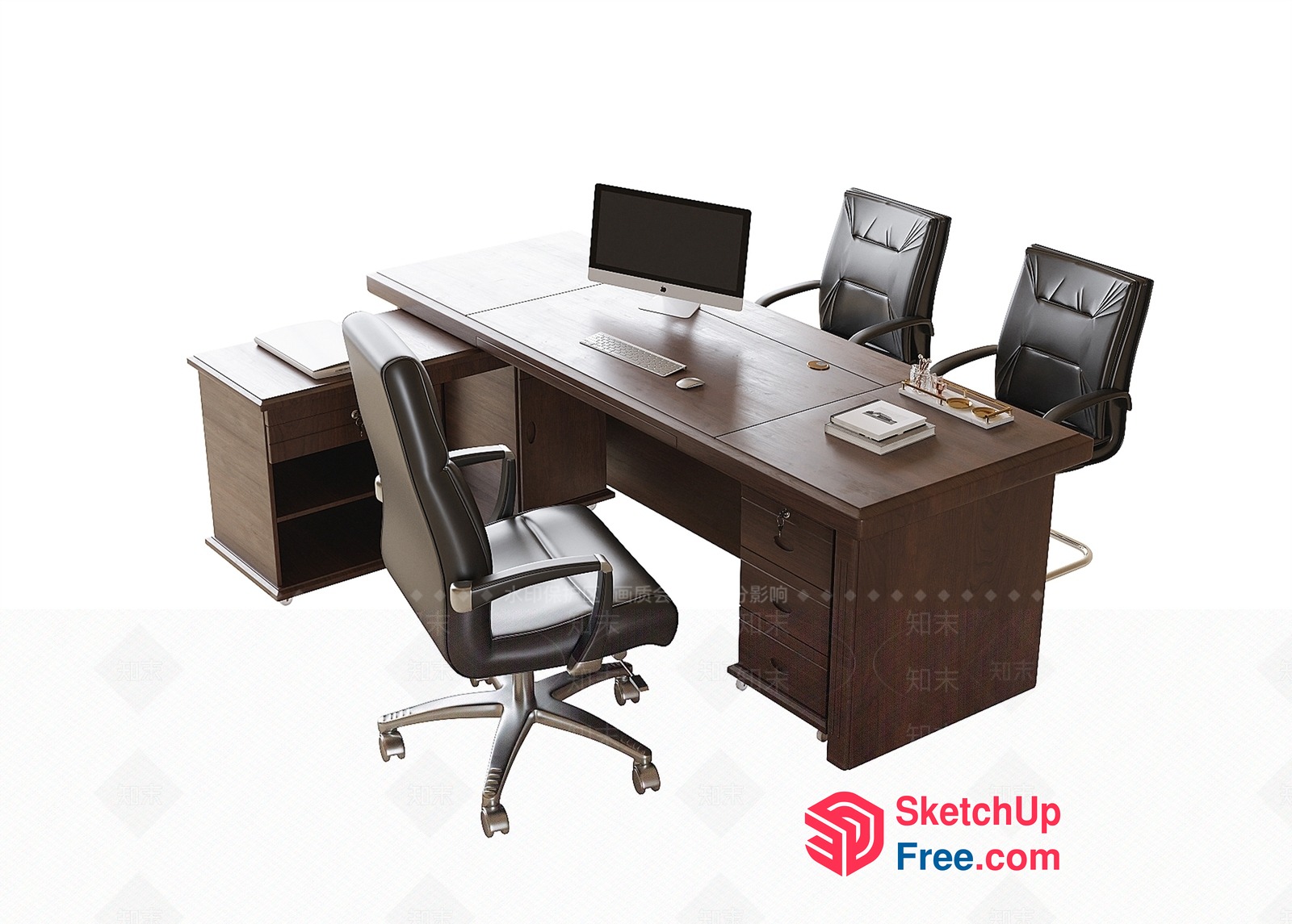 Modern Office Furniture Setup With Wooden Desk And Black Leather Chairs 3D SketchUp File