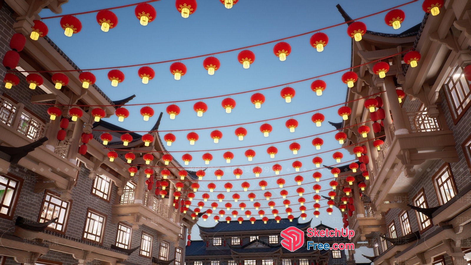 Chinese Lanterns Hanging Over Traditional Buildings 3D SketchUp File