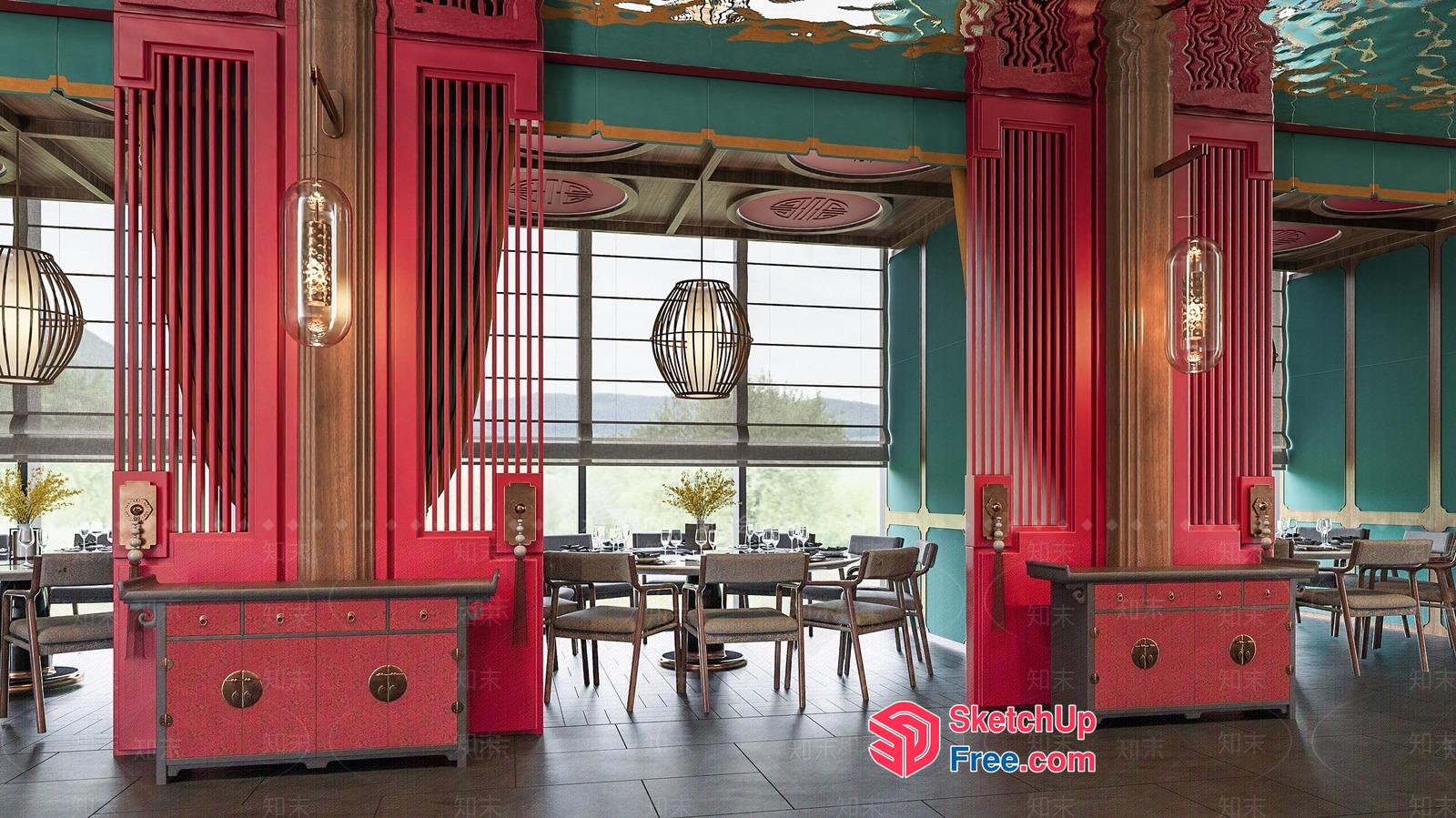 Luxurious Dining Room With Ornate Pillars And Table Settings 3D SketchUp File