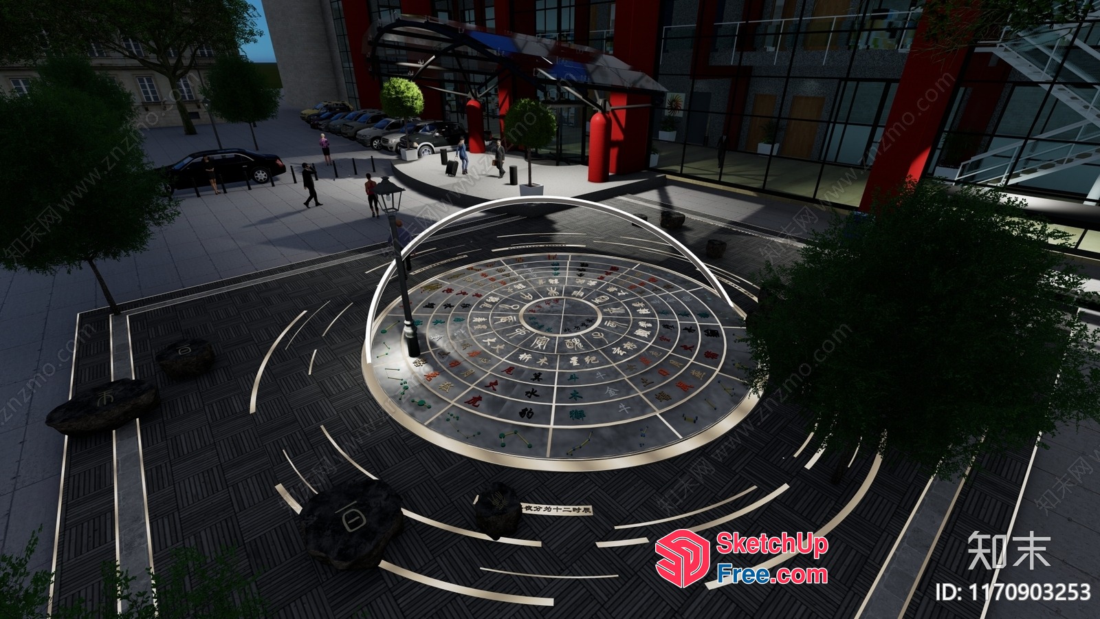 Outdoor Cultural Scene With Glass Curtain Wall And Asian-Style Decor 3D SketchUp File